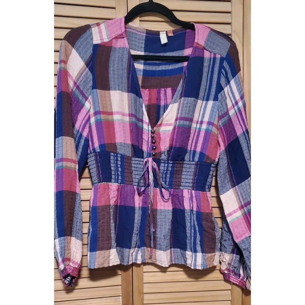 Anthropologie Pilcro Deep V Blouse Plaid Pink Medium Top Shirt Long - Picture 9 of 9